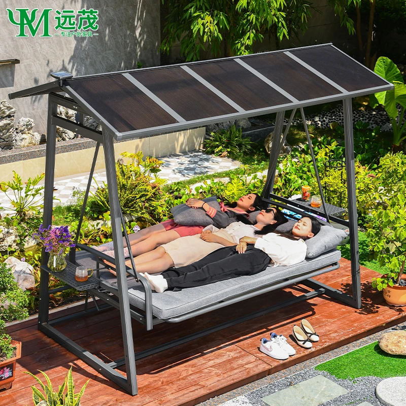 【远茂品牌】户外庭院太阳能灯摇椅室外花园露台休闲坐躺两用秋千