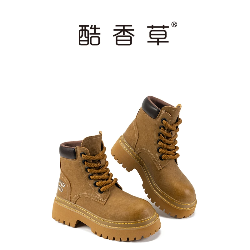 酷香草复古厚底马丁靴女2024新款靴子工装西部牛仔粗鞋带短靴