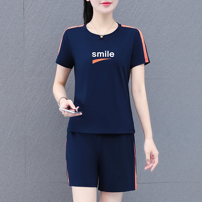 高档棉运动服短袖短裤套装女夏季新款宽松时尚休闲跑步减龄两件套