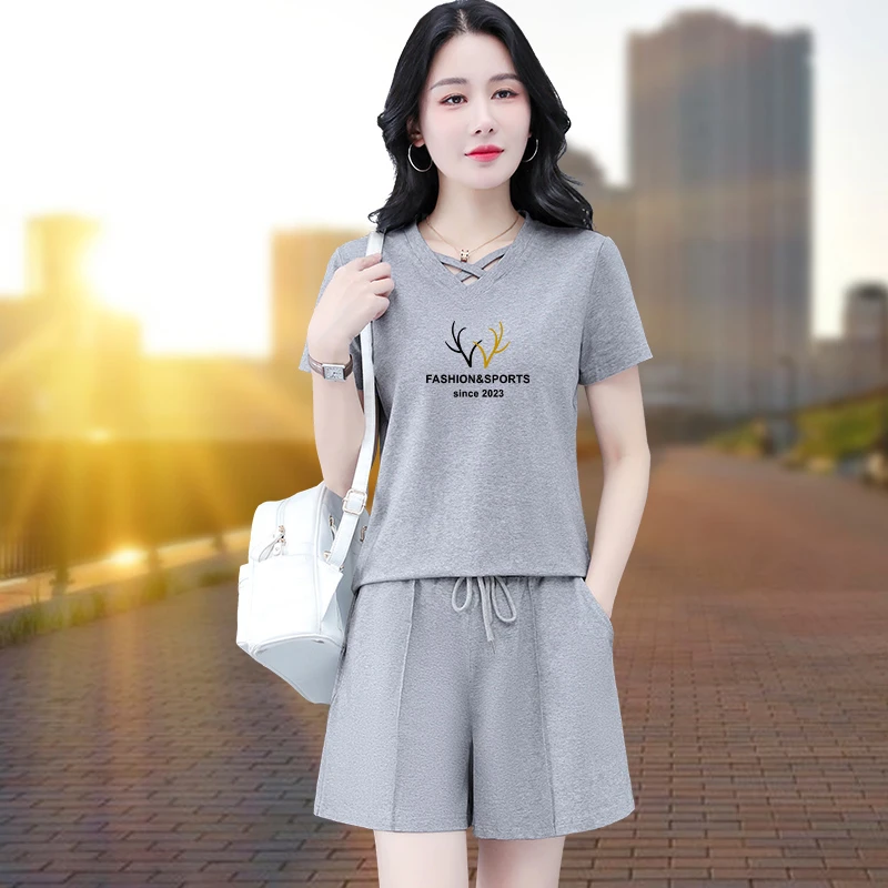 高档棉运动服短袖t恤休闲套装女士夏装新款时尚大码宽松显瘦减龄