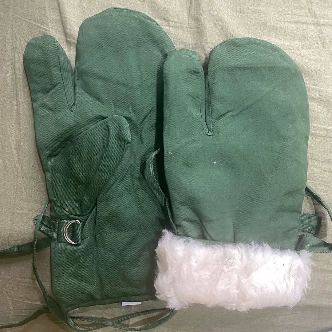正品老货老式羊皮手套橄榄绿三指涤卡布面保暖防寒老式皮毛闷子