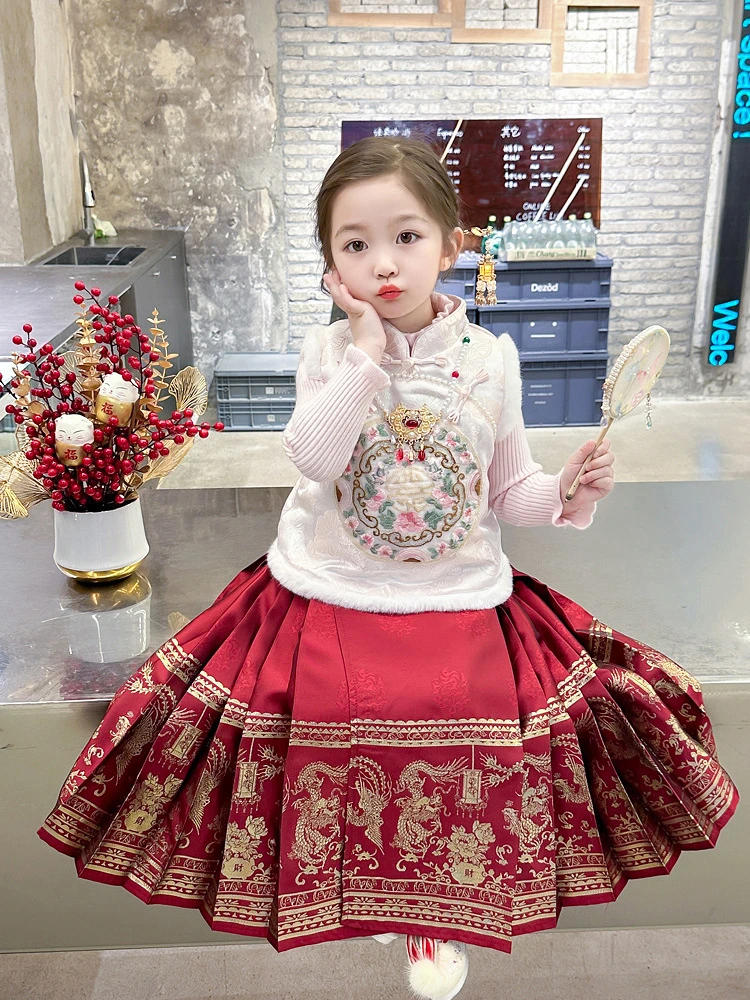 女童汉服冬装龙凤马面裙套装加厚唐装织儿童明制保暖金襦裙三件套