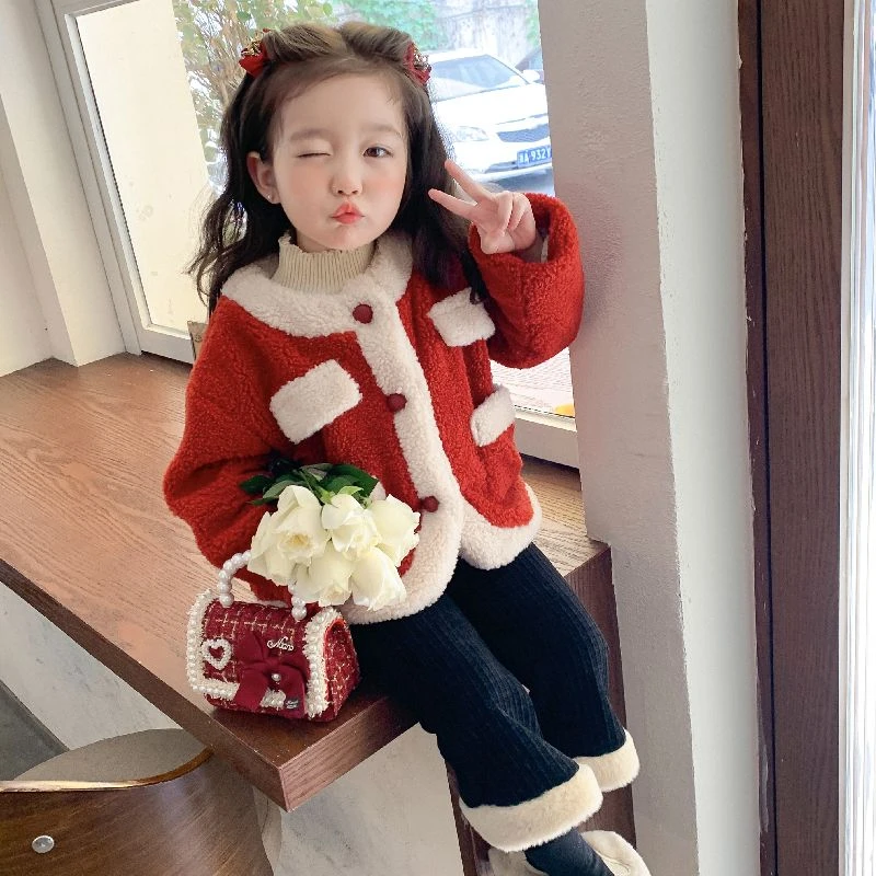 小香风宝宝儿童套装女小童加绒毛毛衣女童圣诞拜年服红色外套秋冬