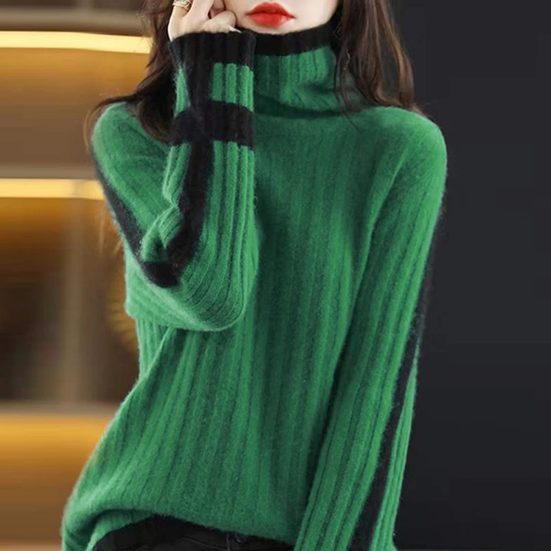 高领100纯羊毛网红时尚加厚撞色冬季拼色宽松套头百搭针织打底衫