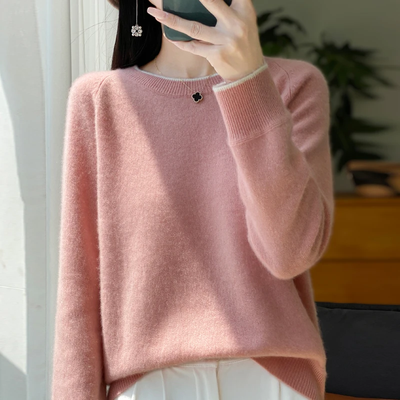 2024秋冬新款100羊毛衫女拼色时尚圆领针织宽松打底毛衣