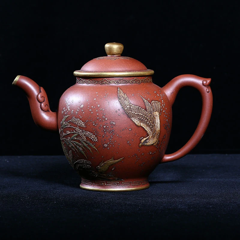 宜兴紫砂老壶清宫典藏宫廷御制独孔500c全手工泥绘描金金燕高执壶