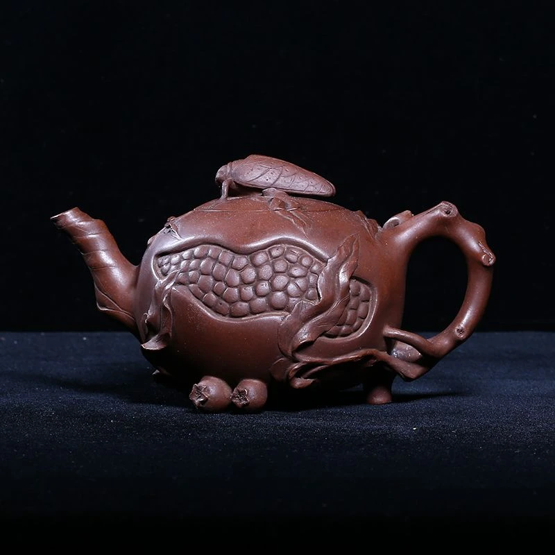 宜兴紫砂老壶老紫泥独孔430c全手工知了石榴壶