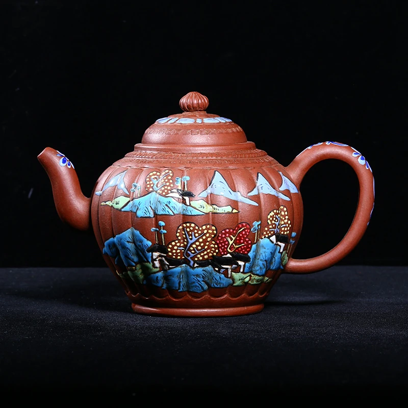 宜兴紫砂老壶袁云龙制底槽清独孔950c粉彩山水筋纹大壶