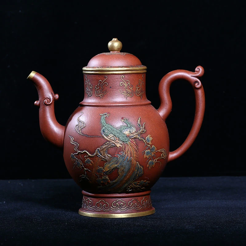 宜兴紫砂老壶清宫典藏宫廷御制独孔500c全手工泥绘描金高酒壶