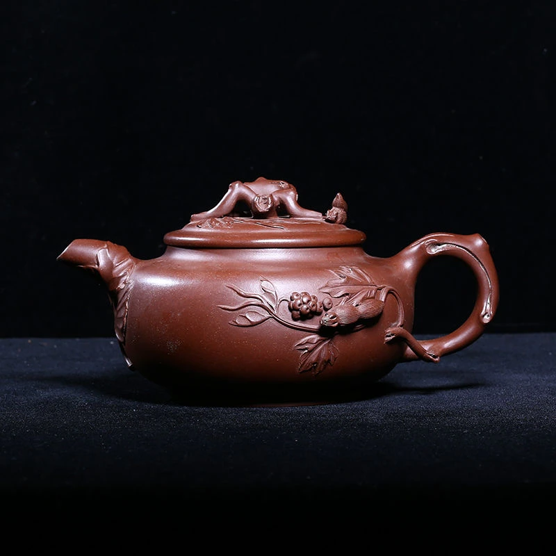 宜兴紫砂老壶早期一厂老紫泥14孔700c大品松鼠葡萄壶