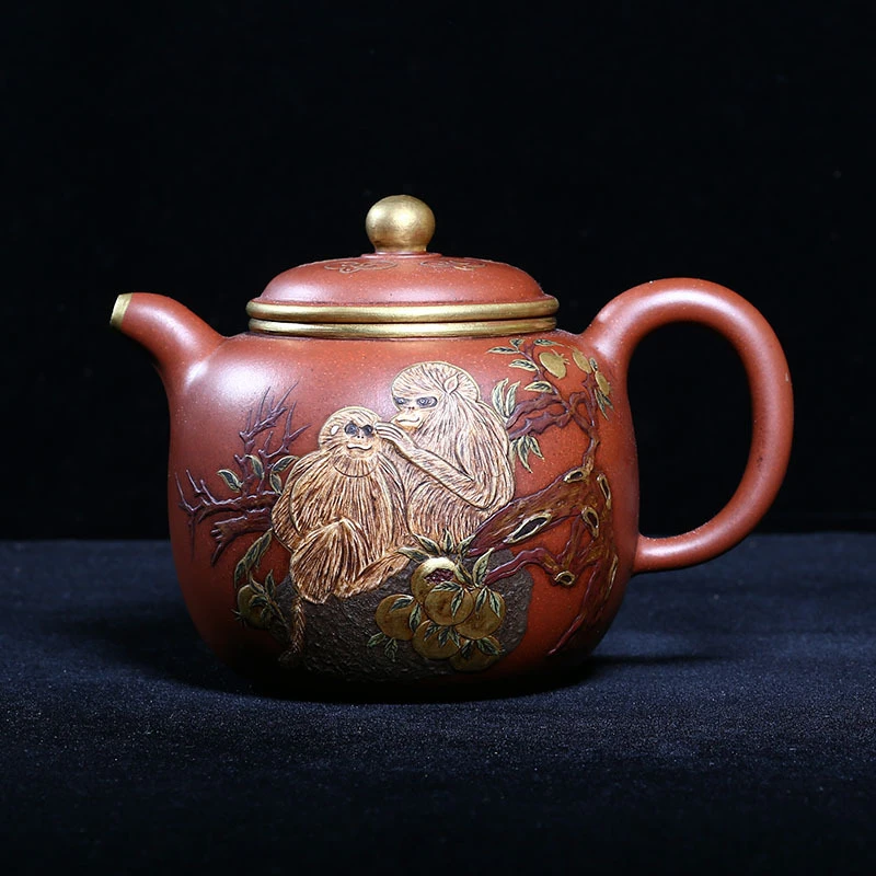 宜兴紫砂老壶清宫典藏宫廷御制独孔400c手工泥绘白猿描金高宫灯壶