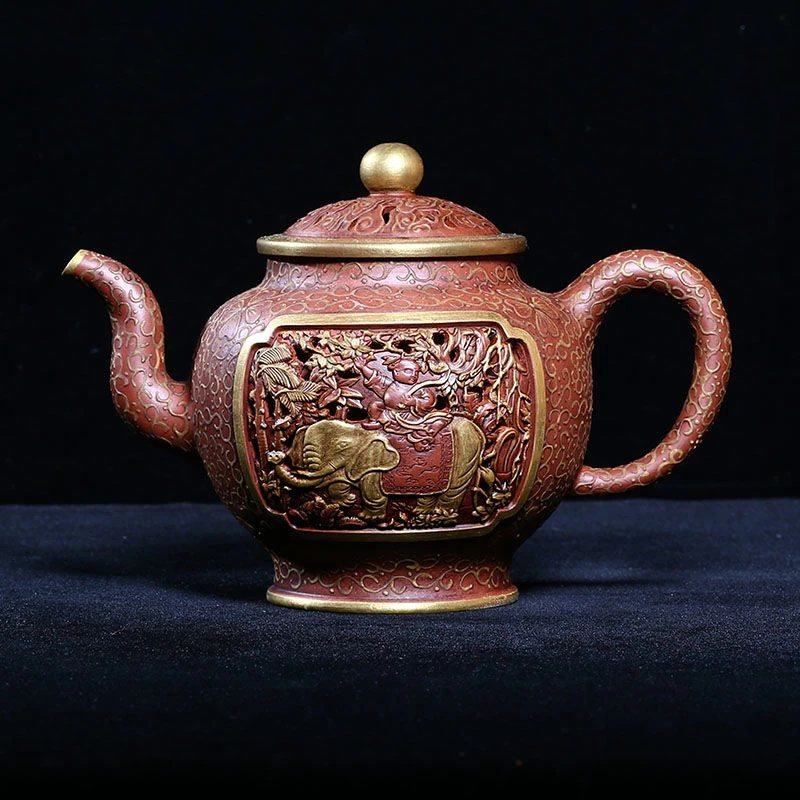 独孔500c泥绘印版镂空描金三吉祥如意宫灯壶