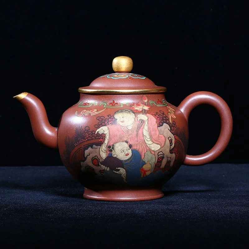 宜兴紫砂老壶独孔500c彩绘人物描金圆珠壶