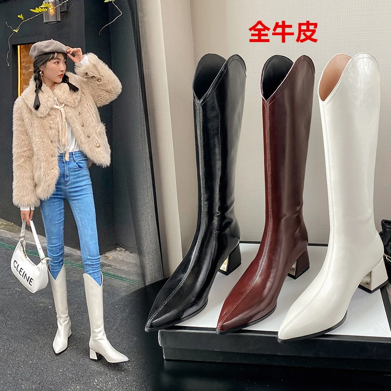34-39/跟高5cm/尖头粗跟真皮高筒骑士靴时尚显瘦气质时装靴长靴女