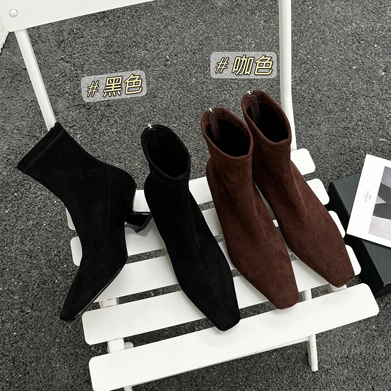跟高5.5cm/34-40码/气质百搭时尚新款粗跟高跟秋冬瘦瘦短靴女