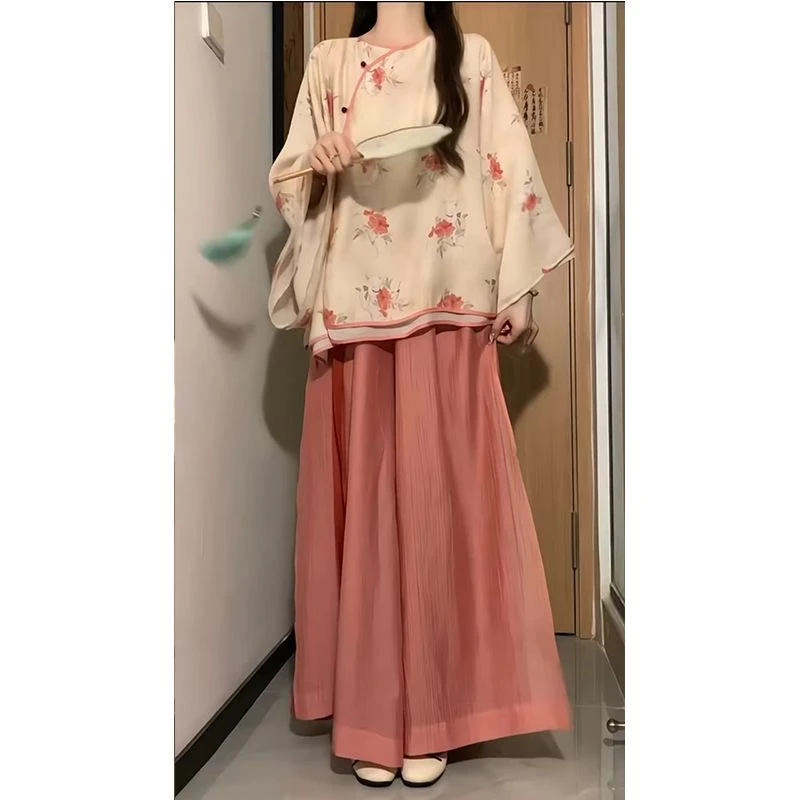 新中式古典国风少女感斜襟圆领上衣女两件套秋季高腰休闲阔腿长裤