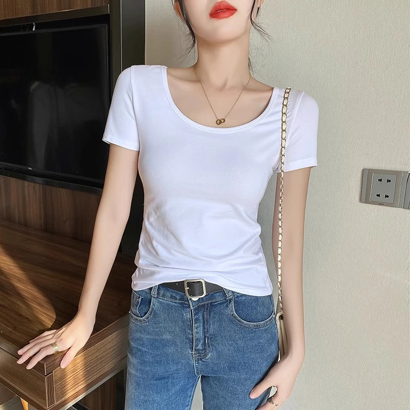 双U领短袖t恤女2024年夏季纯棉低领显锁骨上衣百搭显瘦露背韩版潮