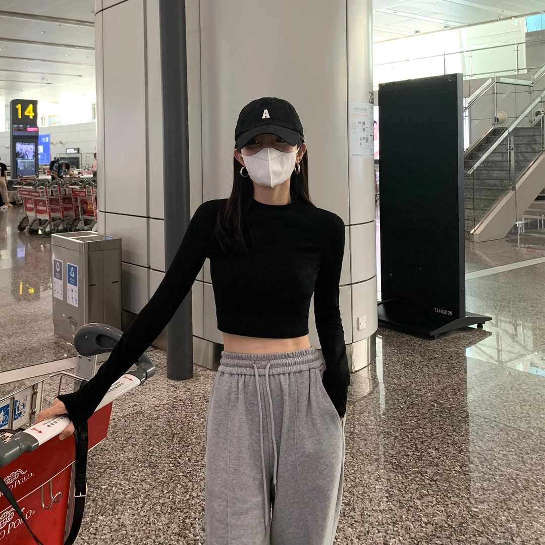 半高领黑色高腰短款打底衫t恤春秋款韩版修身百搭内搭长袖上衣女