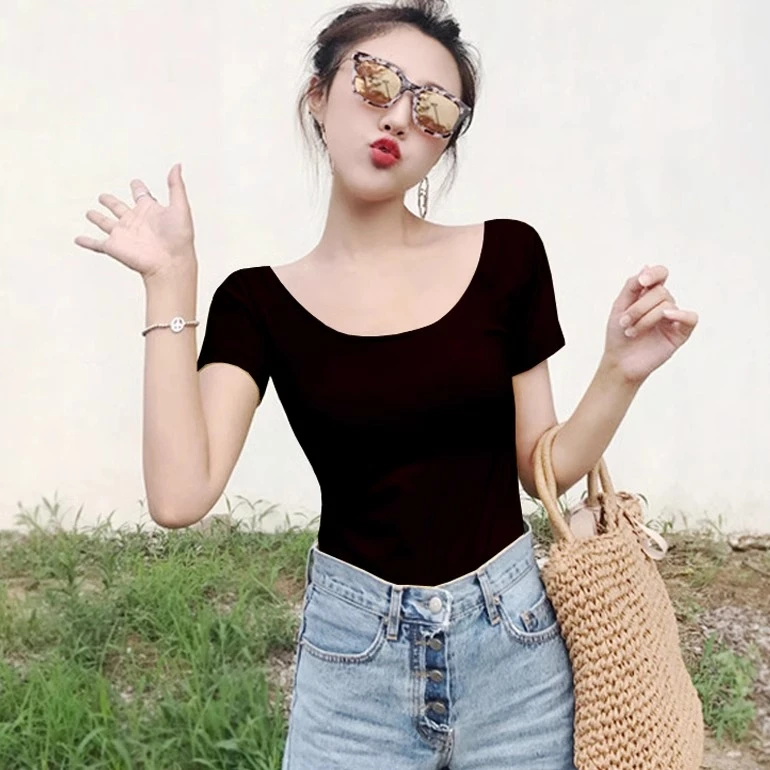 2025新款黑色u领t恤女短袖夏大领口棉质紧身低领修身低胸半袖上衣