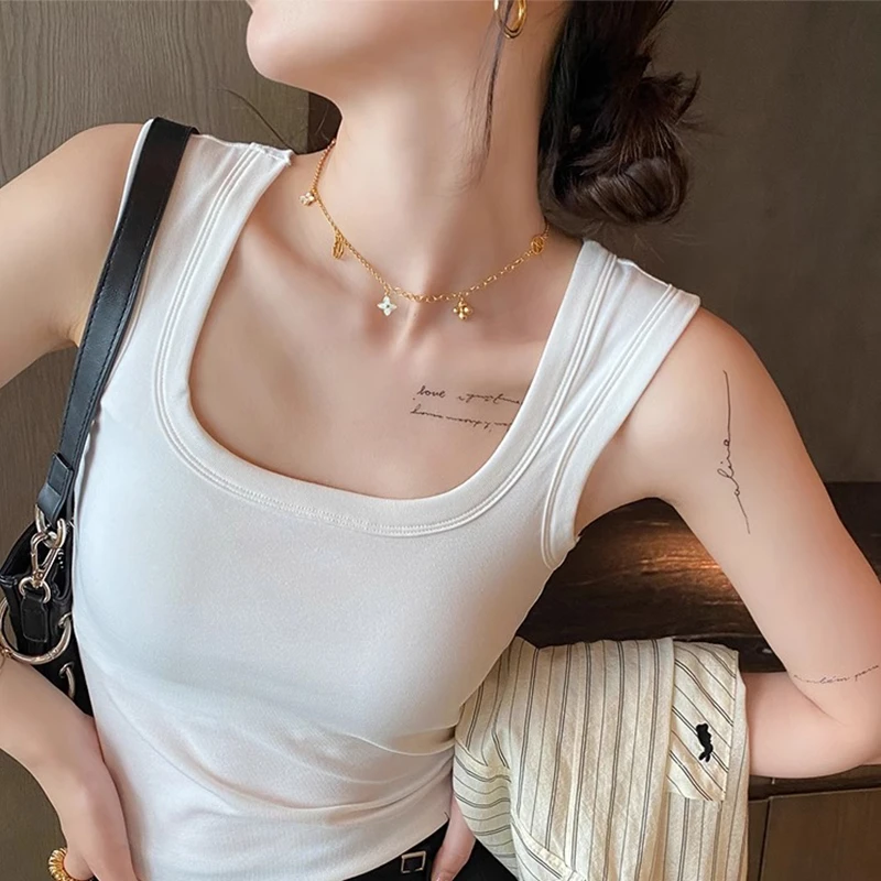 夏季白色方领吊带小背心女款宽肩带内搭打底外穿无袖美式辣妹上衣