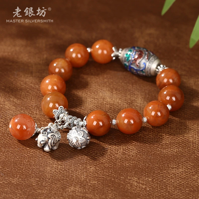 【老银坊】s925银南红花筒六字吉象手串 00351288