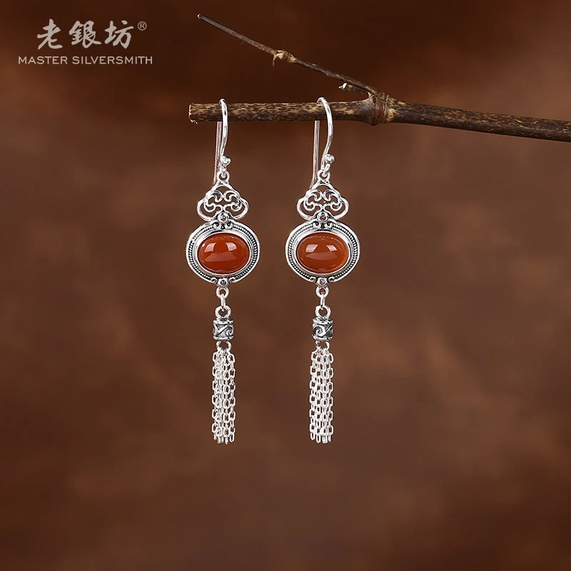 【老银坊】s925银玛瑙如意葫芦流苏耳坠 0014615