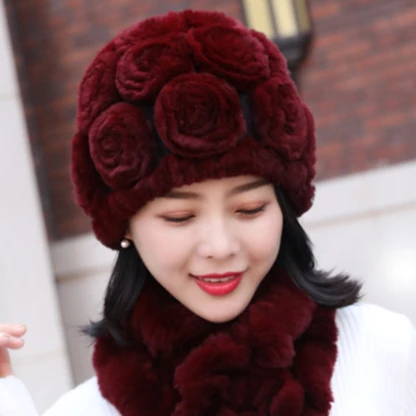 獭兔毛盘花帽子大花帽妈妈帽子獭兔毛帽子皮草帽冬季保