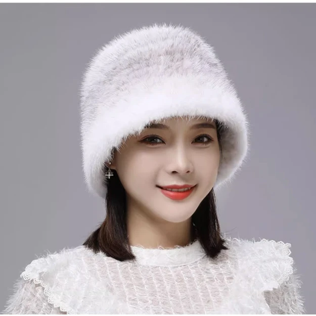 新款水貂皮水桶帽女时尚户外出游韩版帽子水貂毛编织保暖护耳百搭