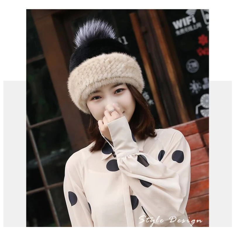 水貂帽子两色帽子玄狐毛球女款水貂帽子保暖护耳帽