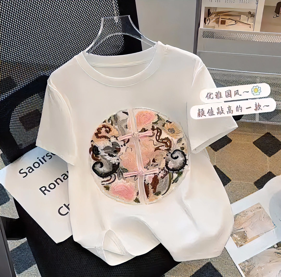 【粉丝浮力】夏季圆领印花休闲短袖T恤男女款时尚百搭——仿刺绣印花