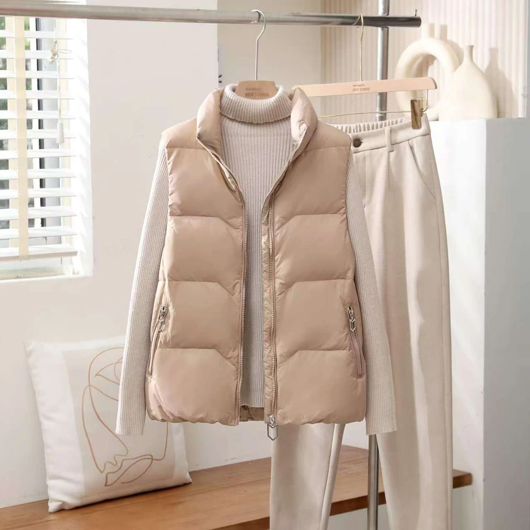 春秋冬显瘦时尚休闲百搭白鸭绒拉链韩版宽松立领外穿女装短款马甲