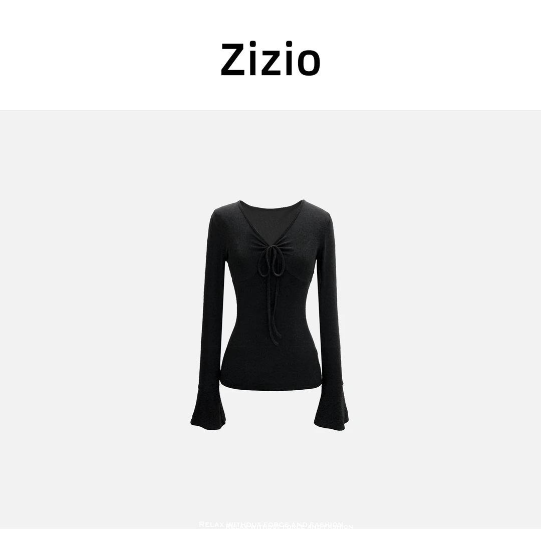 Zizio 温柔欧尼 设计感抽褶V领喇叭长袖高级感修身气质针织上衣34