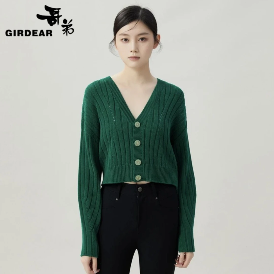 【商场同款】简约气质V领单排扣长袖镂空针织短开衫女1499159