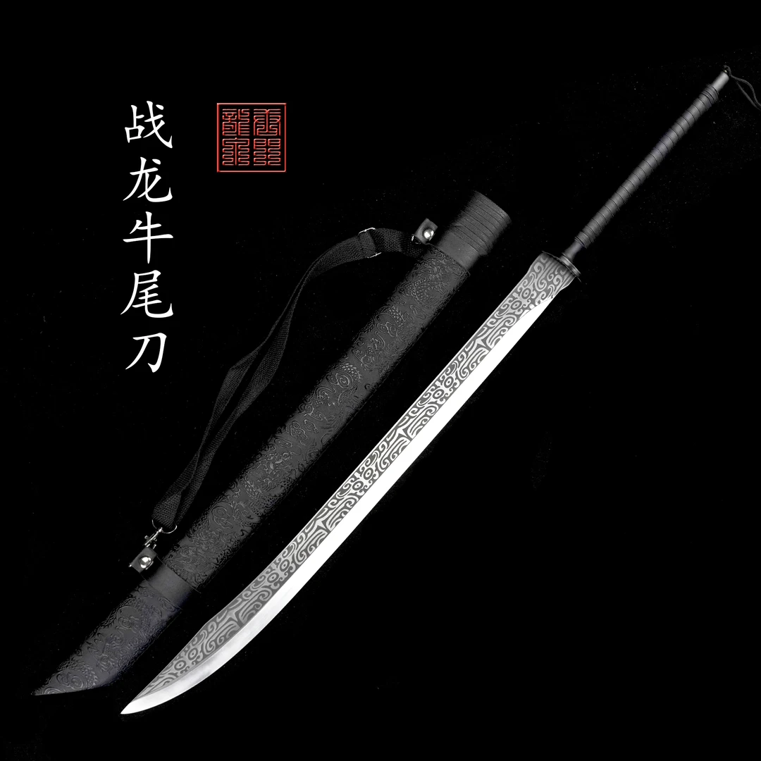 寒影[战龙牛尾刀]合金电镀装具杉木包皮高锰钢刀身未开摆件