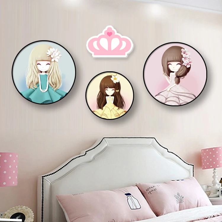 儿童房卧室床头装饰画温馨女孩房粉色公主房圆形北欧房间墙面挂画