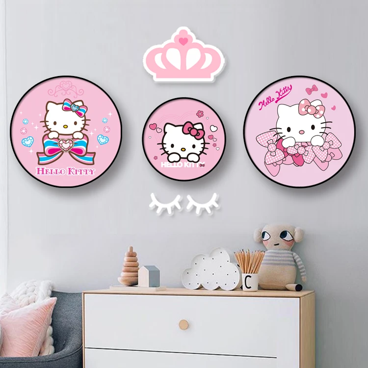 凯蒂猫heiiokitty儿童房可爱免打孔装饰画女孩卧室KT猫圆形挂画