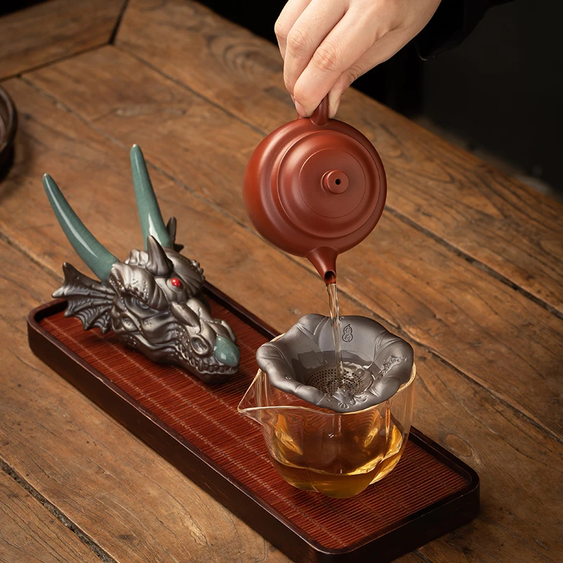 生肖龙首陶瓷龙头摆件个性茶漏支架茶叶过滤器可养茶宠茶盘装饰品