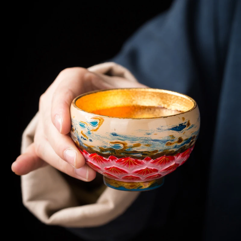 墨修缘蔡志强陶瓷大漆金盏佛莲金叶茶盏茶杯手工大号功夫主人杯
