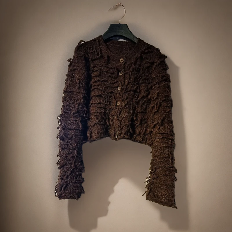 新款时尚洋气毛毛流苏针织毛衣短款开衫外套