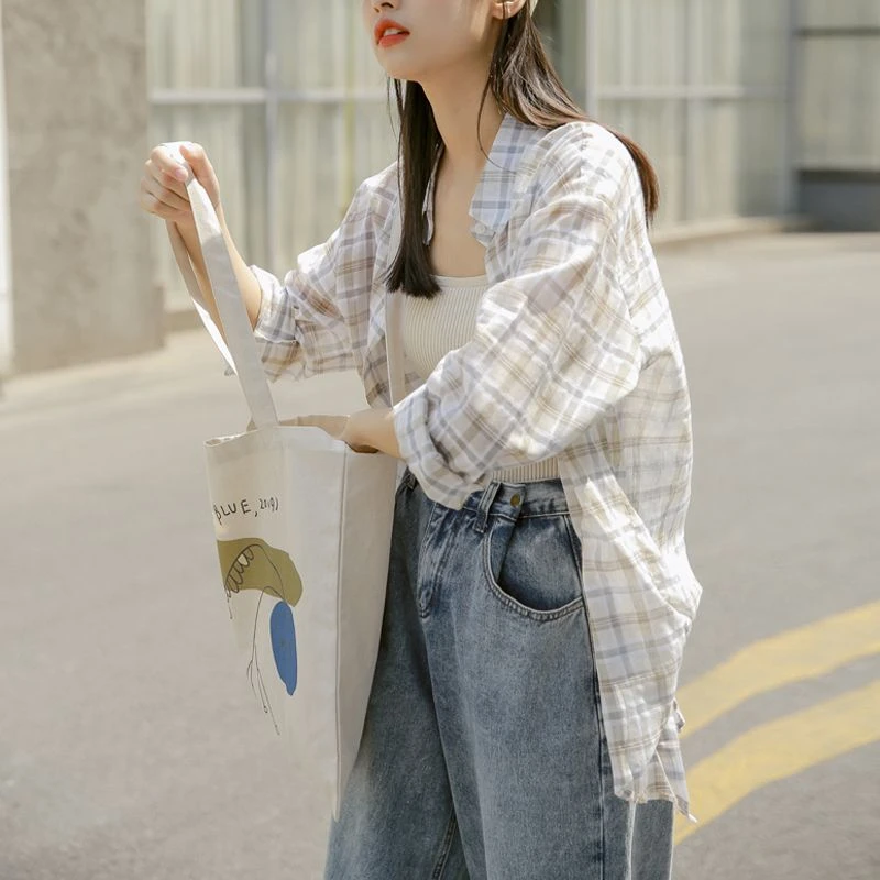 春夏季格子衬衫女宽松百搭防晒上衣遮肚显瘦女式长袖薄款开衫衬衣