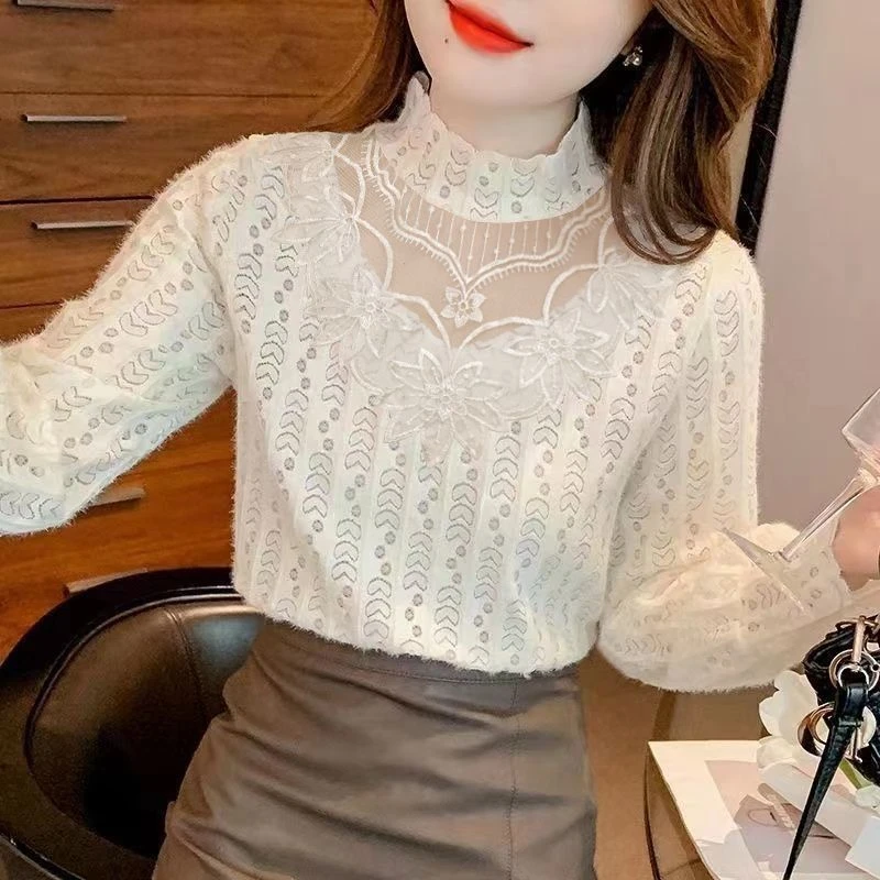 2024秋装新款衬衫女气质百搭打底衫洋气时尚蕾丝衫显瘦减龄上衣