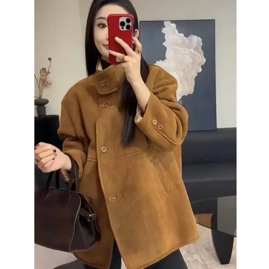 24108中长款皮毛一体麂皮绒拼接外套保暖大衣