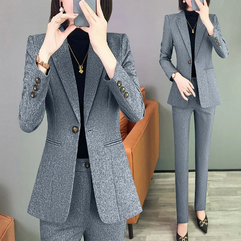 灰色职业西装外套休息百搭时髦洋气2024通勤两件套工作服西装