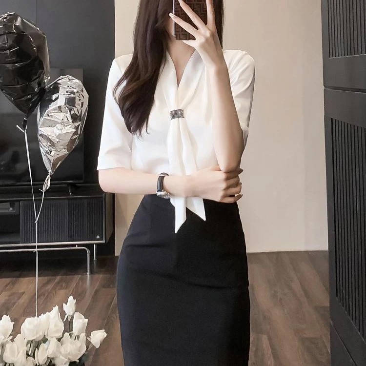 白色衬衫女夏款短袖衬衣2025新款美容院工作服售楼部高端职业套裙