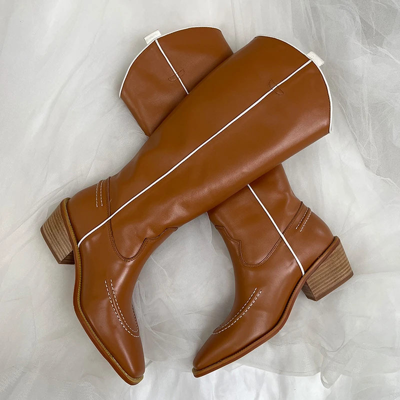 【柒柒定制款】意大利地橘色牛皮高筒靴秋冬女士粗跟尖头骑士靴女靴