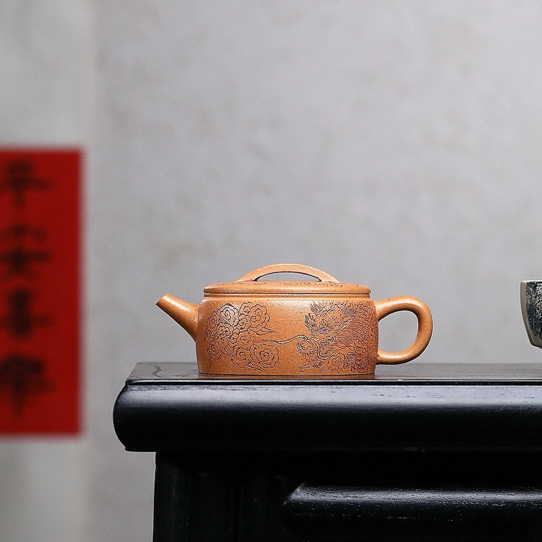 全手工鱼跃龙门汉瓦 原矿黄金段泥 180cc 宜兴纯手工紫砂壶 茶具