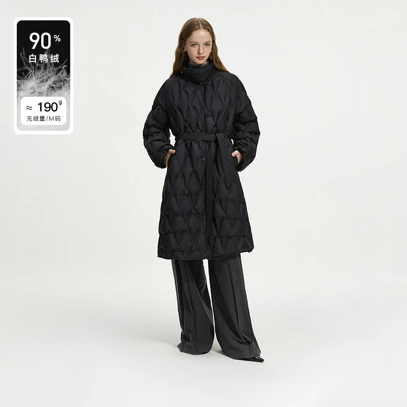 范思蓝恩高级感菱格绗缝轻盈薄款中长羽绒服保暖外套24FS14461