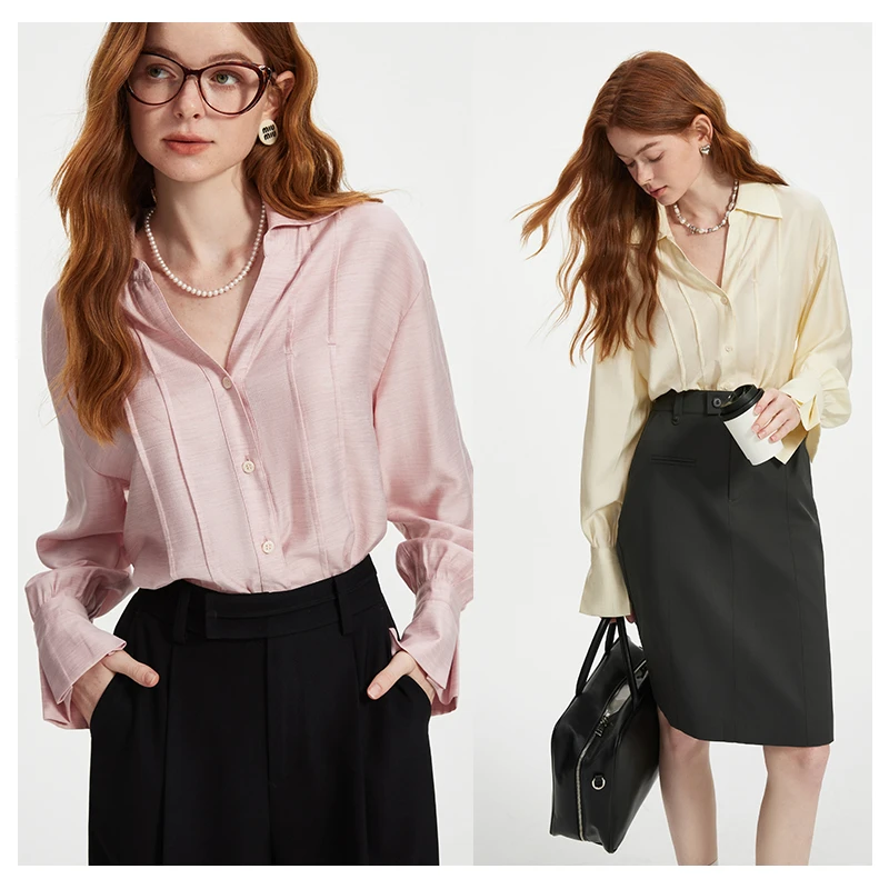 范思蓝恩2024秋装新款韩版气质藤蔓玫瑰设计感V领衬衫24FS13299