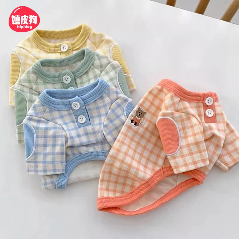 [达人]宠物棋盘格刺绣小熊衣服蓝猫布偶比熊小猫咪可爱两脚衣8106