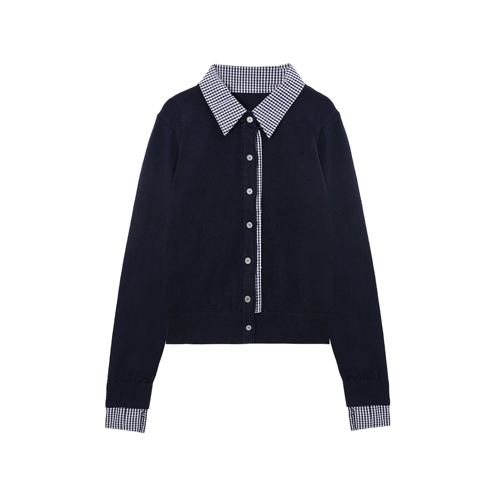 D E108 新款复古格子拼接针织翻领气质单排扣针织开衫